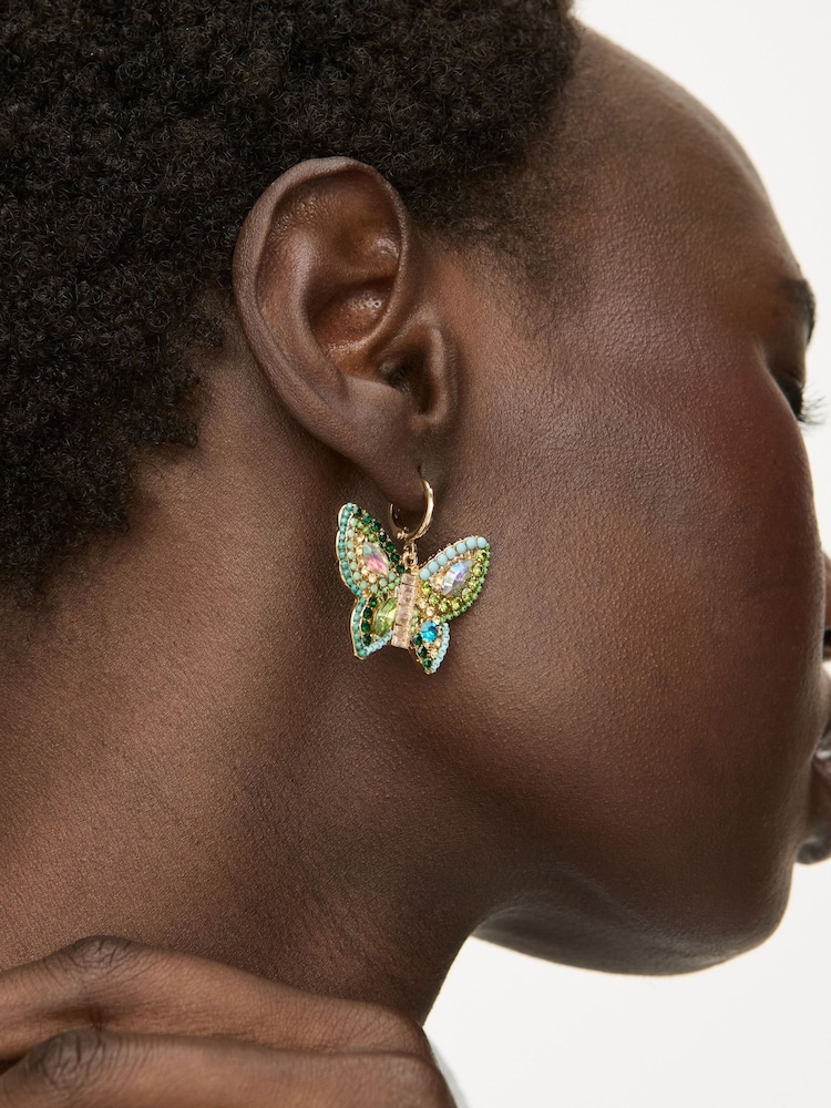Oliver Bonas Green Brook Butterfly Stone & Beaded Hoop Earrings - Image 5 of 5