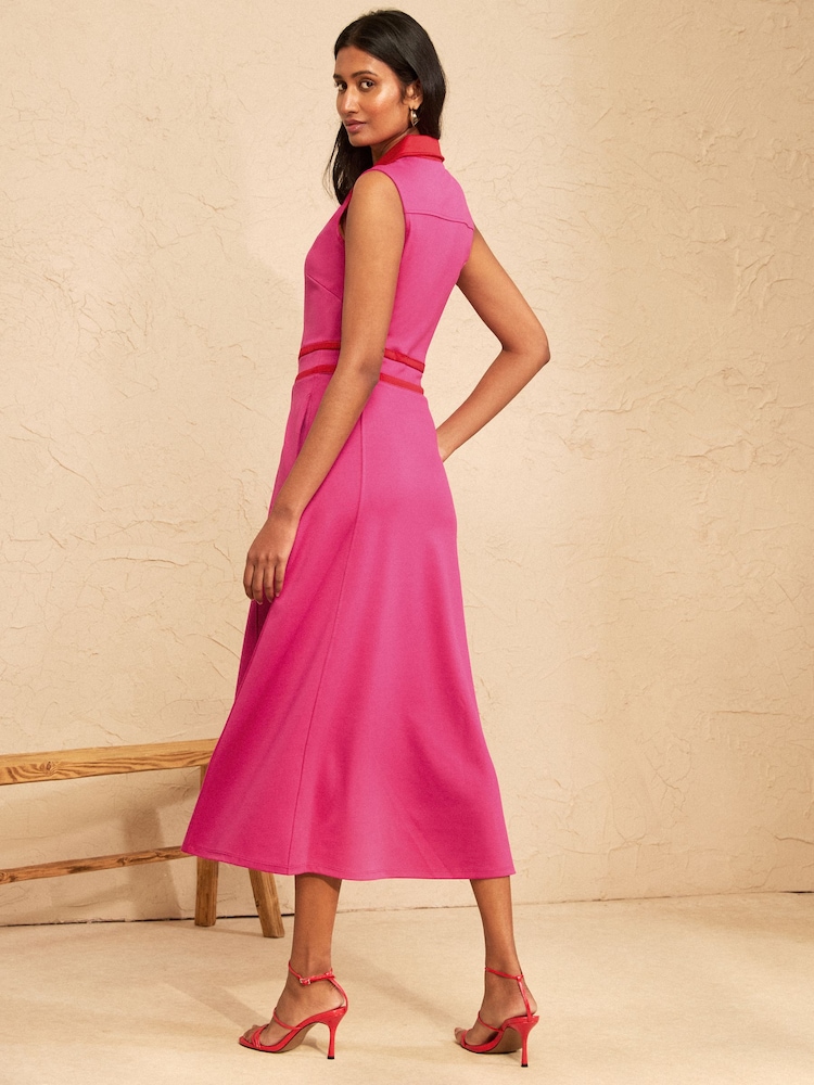 Love & Roses Bright Pink Tailored Sleeveless Ponte Midi Dress With Contrast Detail - Image 4 of 4