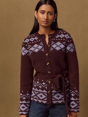 Marron Chocolat/Violet - Cardigan Fairisle boutonné Ceinturé en laine - Image 1 de 7