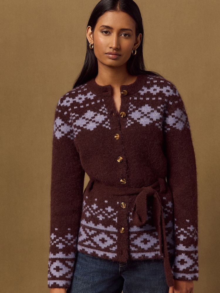 Marron Chocolat/Violet - Cardigan Fairisle boutonné Ceinturé en laine - Image 1 de 7