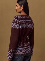 Marron Chocolat/Violet - Cardigan Fairisle boutonné Ceinturé en laine - Image 3 de 7
