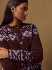 Marron Chocolat/Violet - Cardigan Fairisle boutonné Ceinturé en laine - Image 4 de 7