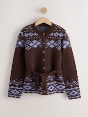 Marron Chocolat/Violet - Cardigan Fairisle boutonné Ceinturé en laine - Image 5 de 7