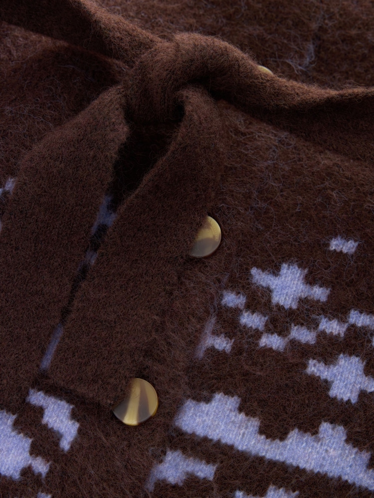 Marron Chocolat/Violet - Cardigan Fairisle boutonné Ceinturé en laine - Image 7 de 7