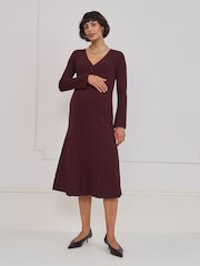 Seraphine Chocolate Brown Maternity V-Neck Rib Knit Midi Dress - Image 4 of 8