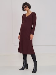 Seraphine Chocolate Brown Maternity V-Neck Rib Knit Midi Dress - Image 8 of 8
