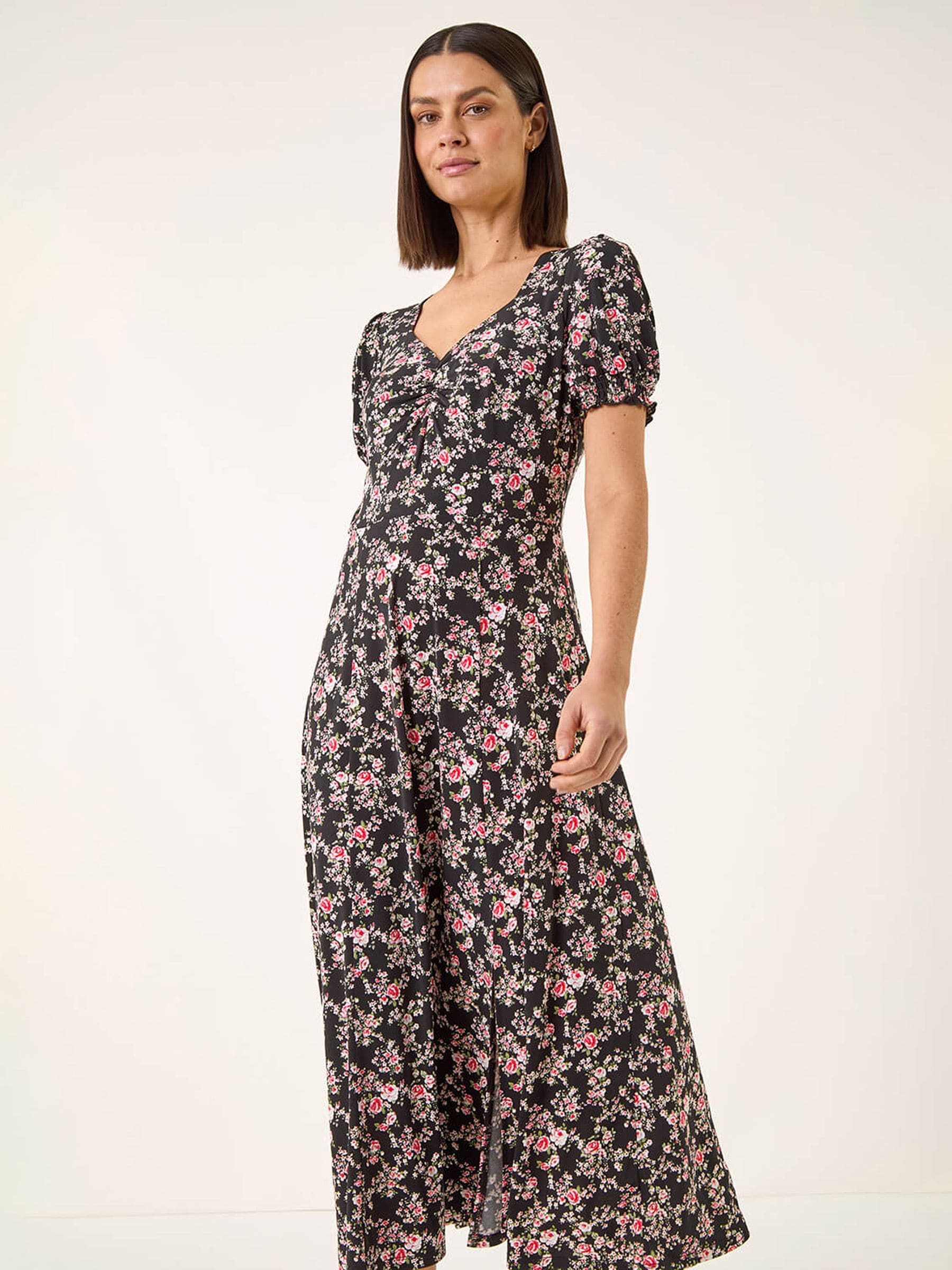 Roman Women's Black Rose Print Ruched Midi Dress - Image 3