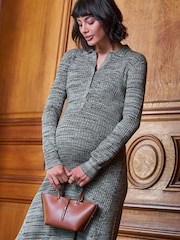 Seraphine Khaki Green Premium Maternity & Nursing Fit & Flare Knit Dress - Image 2 of 4