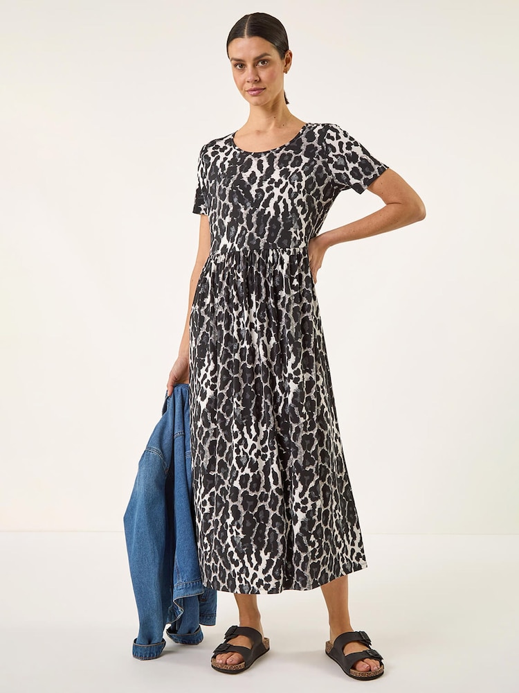 Roman Black Animal Print Stretch Midi Dress - Image 1 of 5 Roman Black Animal Print Stretch Midi Dress - Image 1 of 5