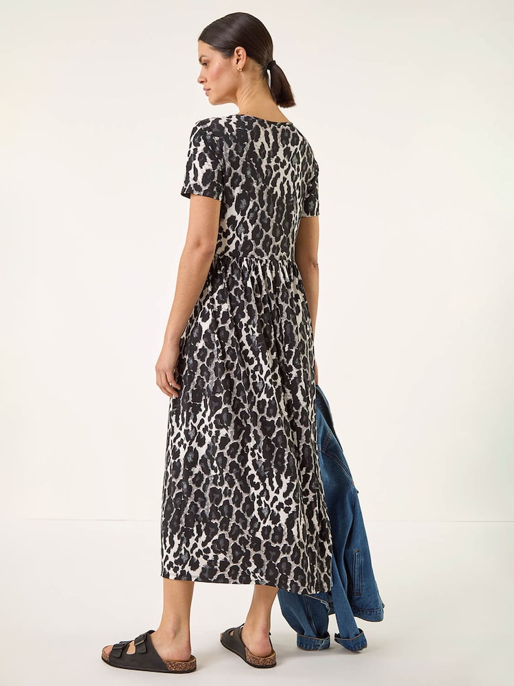 Roman Black Animal Print Stretch Midi Dress - Image 2 of 5 Roman Black Animal Print Stretch Midi Dress - Image 2 of 5