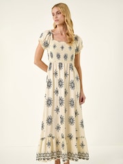 Roman White Borderie Shirred Maxi Dress - Image 1 of 5