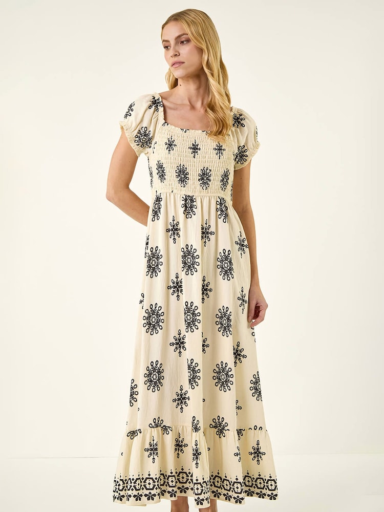 Roman White Borderie Shirred Maxi Dress - Image 1 of 5