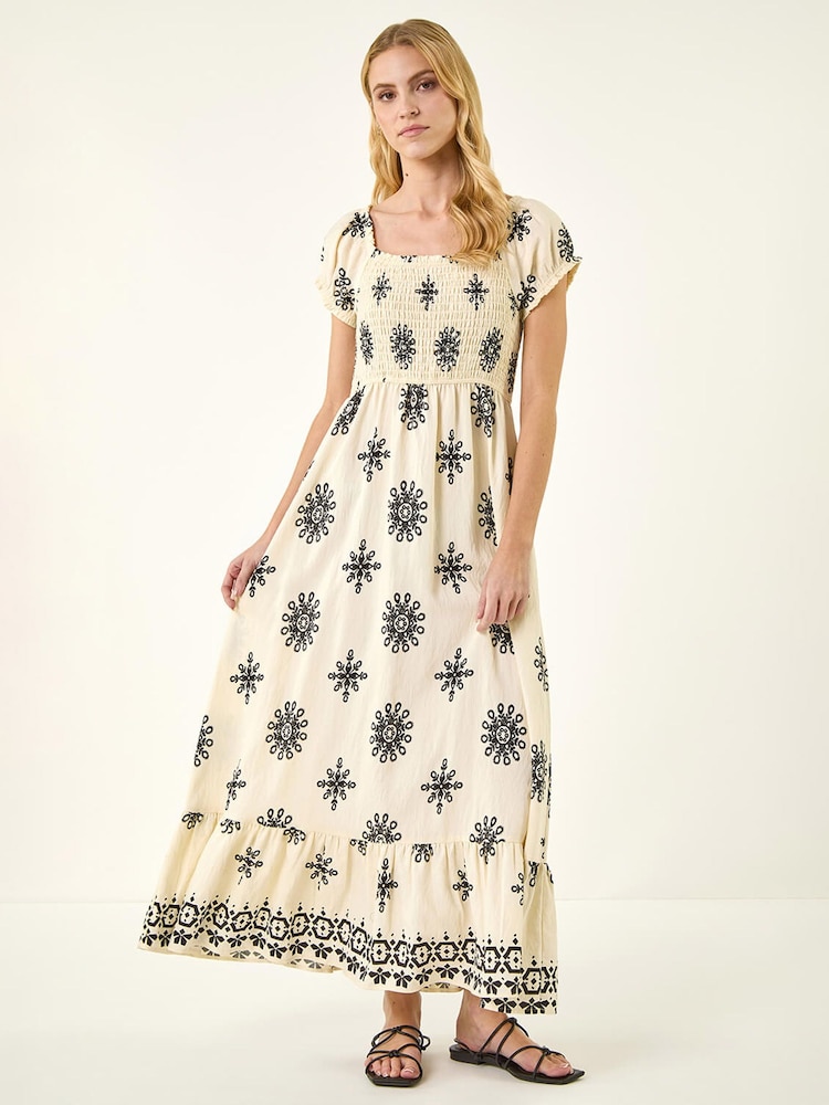 Roman White Borderie Shirred Maxi Dress - Image 2 of 5