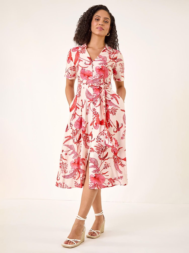 Roman Pink Floral Tie Waist Shirt Dress - Image 1 of 5 Roman Pink Floral Tie Waist Shirt Dress - Image 1 of 5