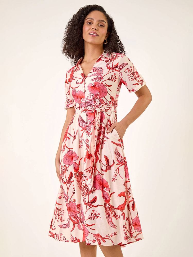 Roman Pink Floral Tie Waist Shirt Dress - Image 2 of 5 Roman Pink Floral Tie Waist Shirt Dress - Image 2 of 5