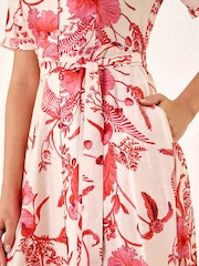 Roman Pink Floral Tie Waist Shirt Dress - Image 5 of 5