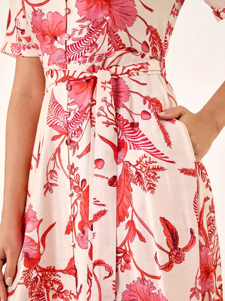 Roman Pink Floral Tie Waist Shirt Dress - Image 5 of 5 Roman Pink Floral Tie Waist Shirt Dress - Image 5 of 5