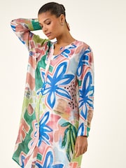 Roman Orange Abstract Print Button Longline Blouse - Image 4 of 5