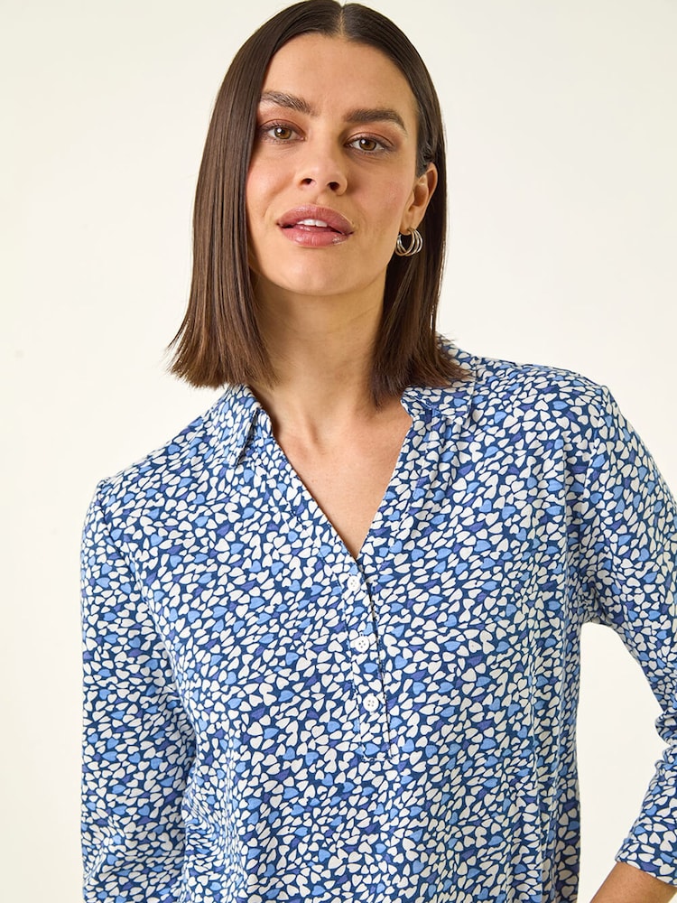 Roman Blue Heart Print Collared Top - Image 1 of 5