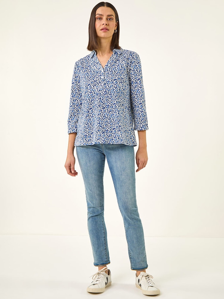 Roman Blue Heart Print Collared Top - Image 2 of 5