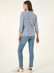 Roman Blue Heart Print Collared Top - Image 3 of 5