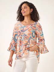 Roman Orange Geometric Print Flute Sleeve Top - Image 1 of 5