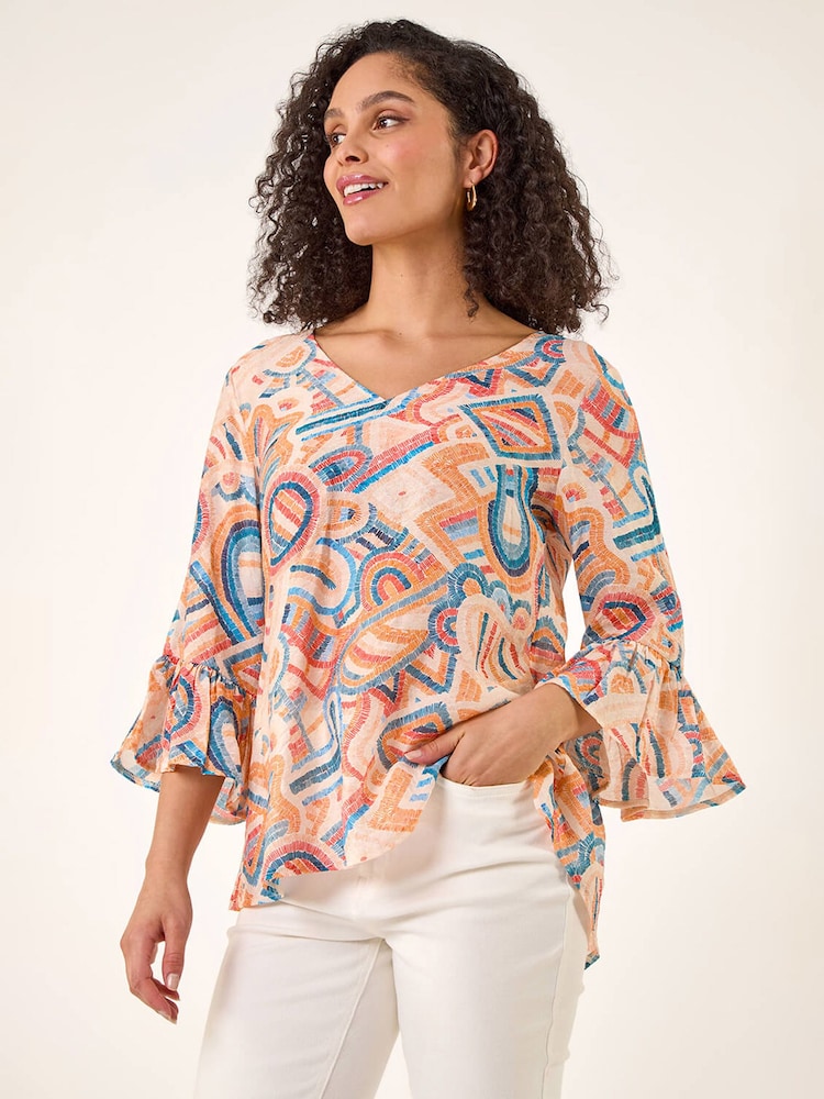 Roman Orange Geometric Print Flute Sleeve Top - Image 1 of 5