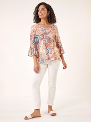 Roman Orange Geometric Print Flute Sleeve Top - Image 2 of 5