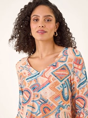 Roman Orange Geometric Print Flute Sleeve Top - Image 4 of 5
