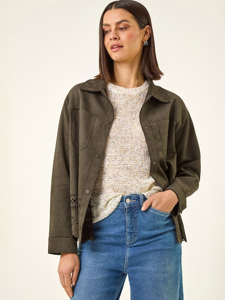 Roman Green Faux Suede Cut Out Shacket - Image 2 of 5