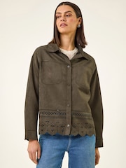 Roman Green Faux Suede Cut Out Shacket - Image 4 of 5