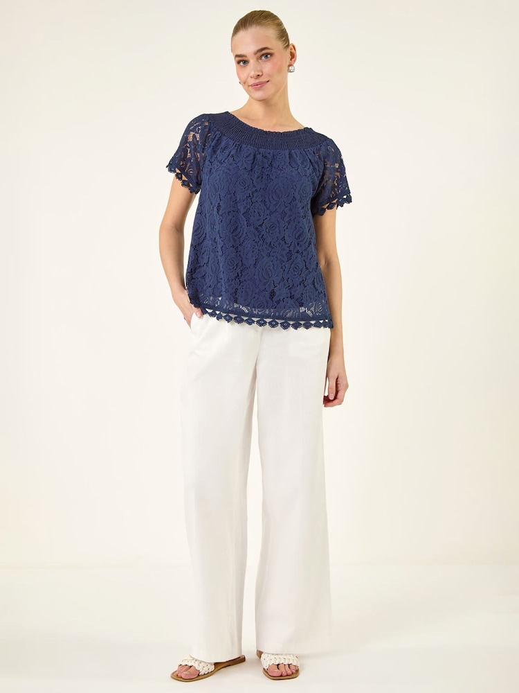 Roman Blue Lace Bardot Top - Image 1 of 5