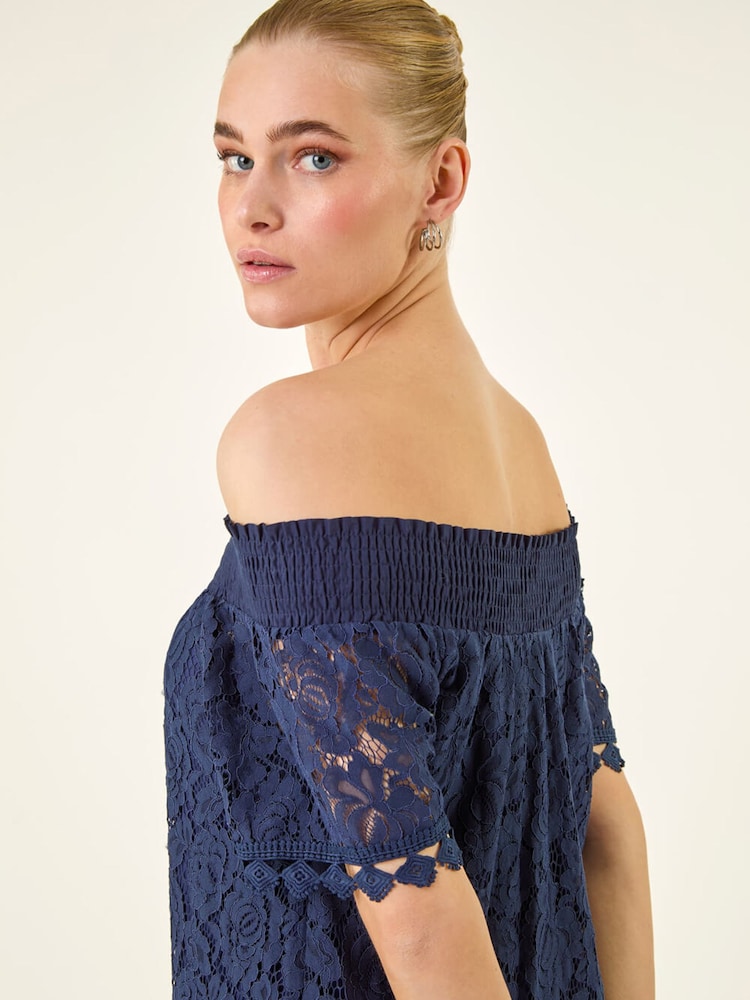 Roman Blue Lace Bardot Top - Image 2 of 5