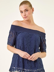 Roman Blue Lace Bardot Top - Image 4 of 5