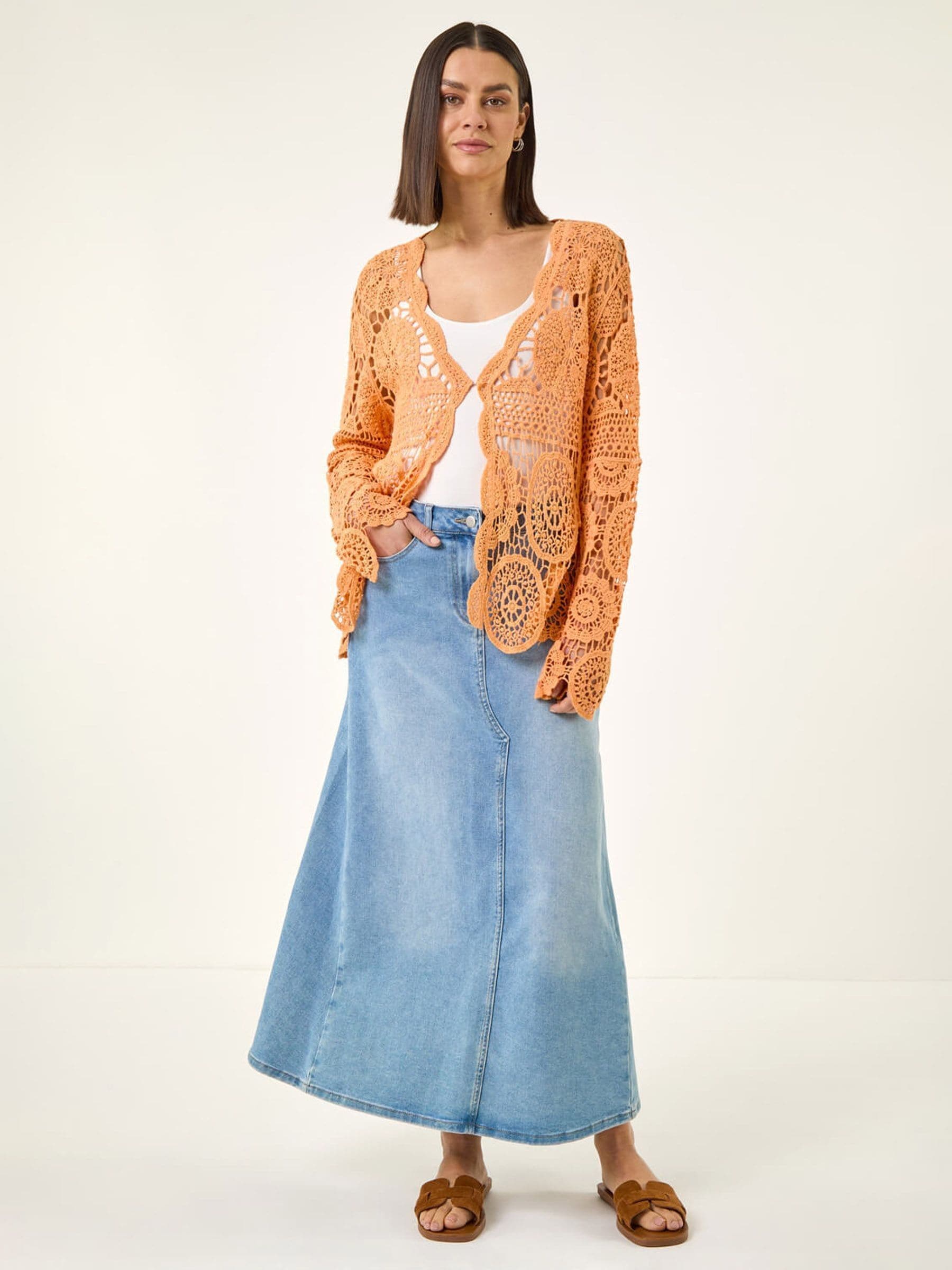 Buy Roman Orange 100% Cotton Crochet Tie Front Knit Cardigan from