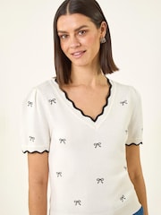 Roman White Bow V-Neck Knit Top - Image 4 of 5