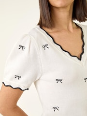 Roman White Bow V-Neck Knit Top - Image 5 of 5