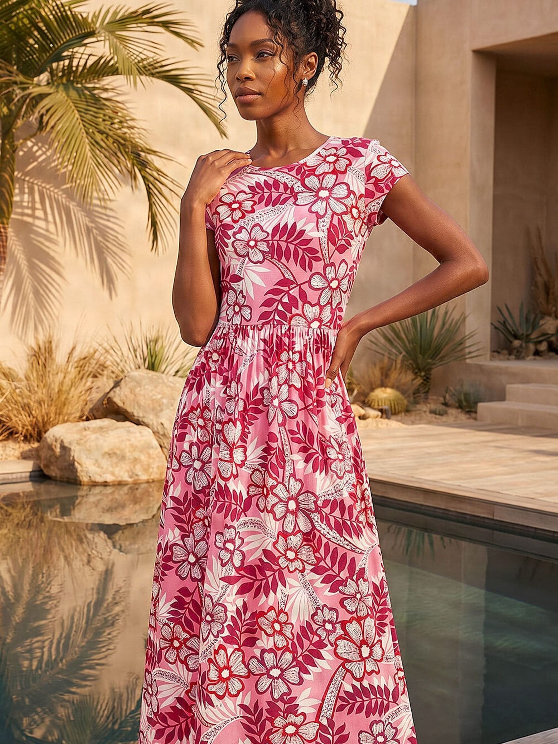 Roman Women's Pink Floral Pocket Midi Dress