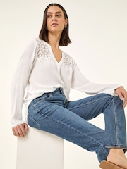 Roman White Lace Shoulder V-Neck Blouse - Image 1 of 5