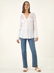 Roman White Lace Shoulder V-Neck Blouse - Image 2 of 5
