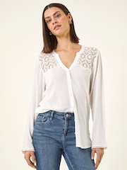 Roman White Lace Shoulder V-Neck Blouse - Image 4 of 5
