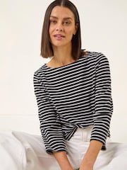 Μαύρο - Μπλούζα με Roman Ριγέ Τύπωμα και λαιμόκοψη τύπου boat neck - Εικόνα 1 του 5