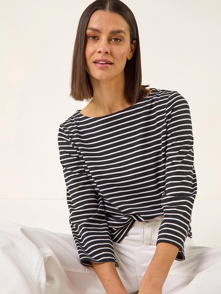 Μαύρο - Μπλούζα με Roman Ριγέ Τύπωμα και λαιμόκοψη τύπου boat neck - Εικόνα 1 του 5