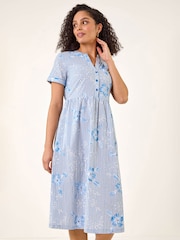 Roman Blue Stripe Print Midi Shirt Dress - Image 4 of 5