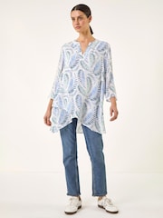 Roman Blue Leaf Print Wrap Hem Tunic Top - Image 2 of 5