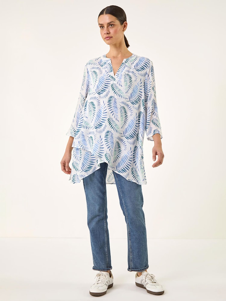 Roman Blue Leaf Print Wrap Hem Tunic Top - Image 2 of 5