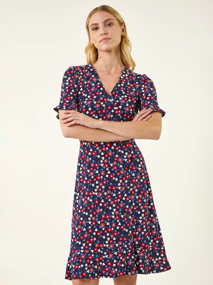 Κόκκινο - Roman Φλοράλ Πλαϊνό Κουμπί Φόρεμα - Εικόνα 2 από 5