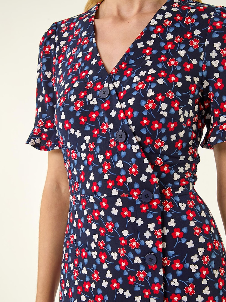 Κόκκινο - Roman Φλοράλ Πλαϊνό Κουμπί Φόρεμα - Εικόνα 5 από 5