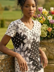Roman Black Polka Dot Floral Knit Top - Image 1 of 5