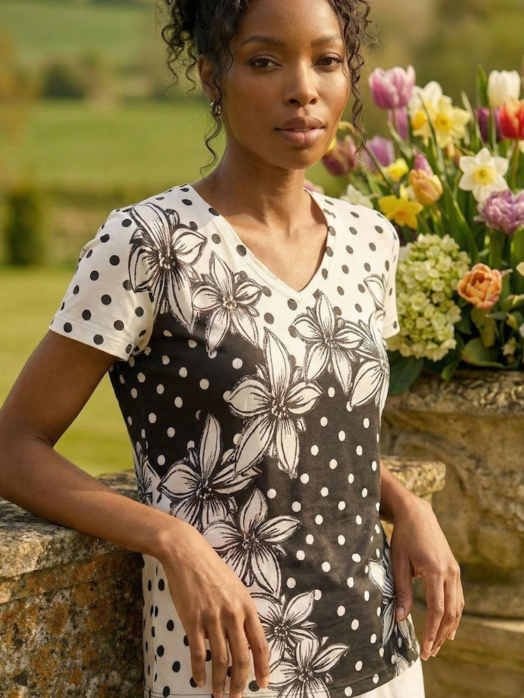 Roman Black Polka Dot Floral Knit Top - Image 1 of 5